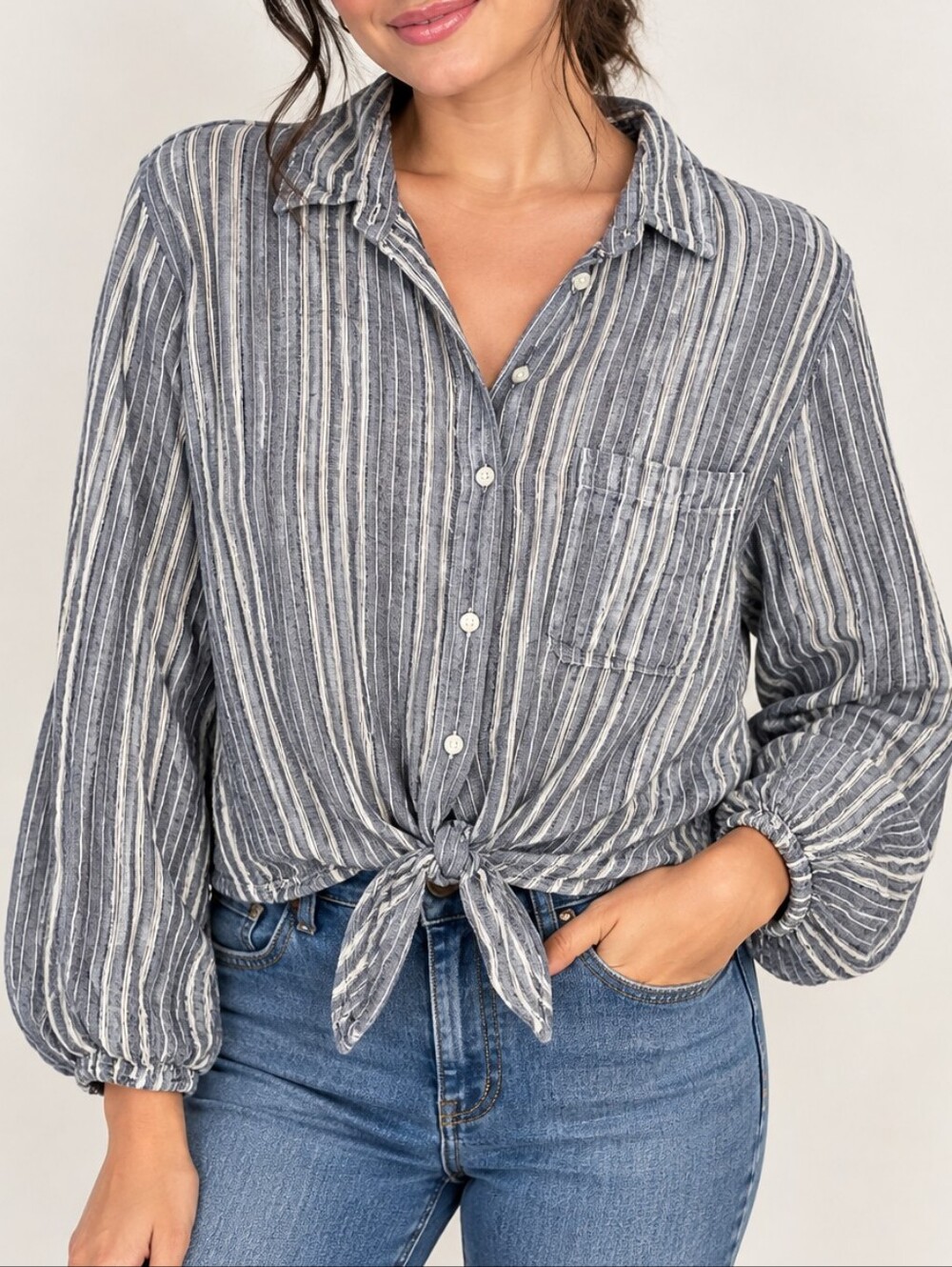 American Eagle Blue Denim Shirt Small Women Button Up Long Puff Sleeve Front Tie